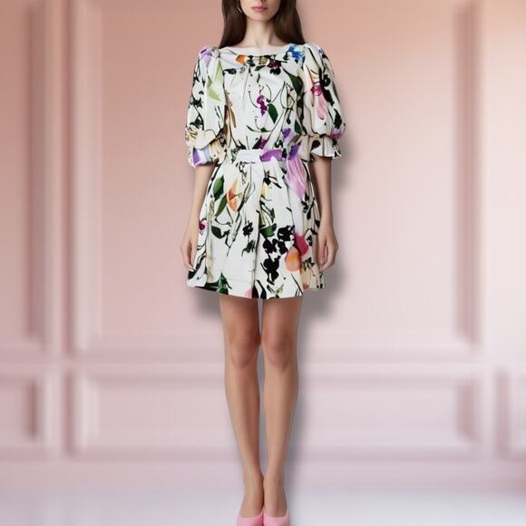 Aje Drift Puff Sleeve Cotton Mini Dress 6 AU 10 White Watercolor Garden Floral - Picture 14 of 14